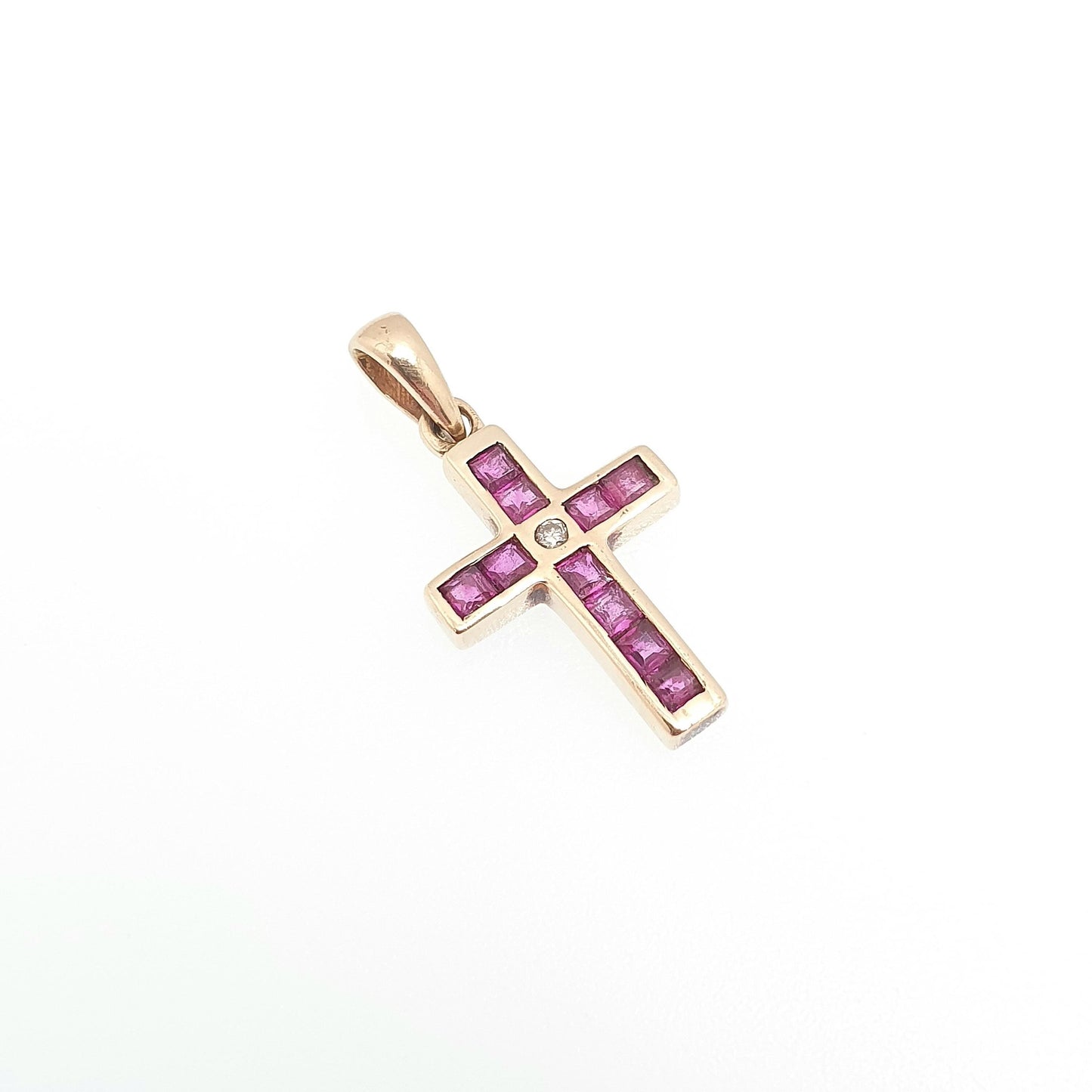 Vintage 9k 9ct Gold Ruby Crucifix Necklace Cross Diamond Pendant Rubies Channel Square Cut