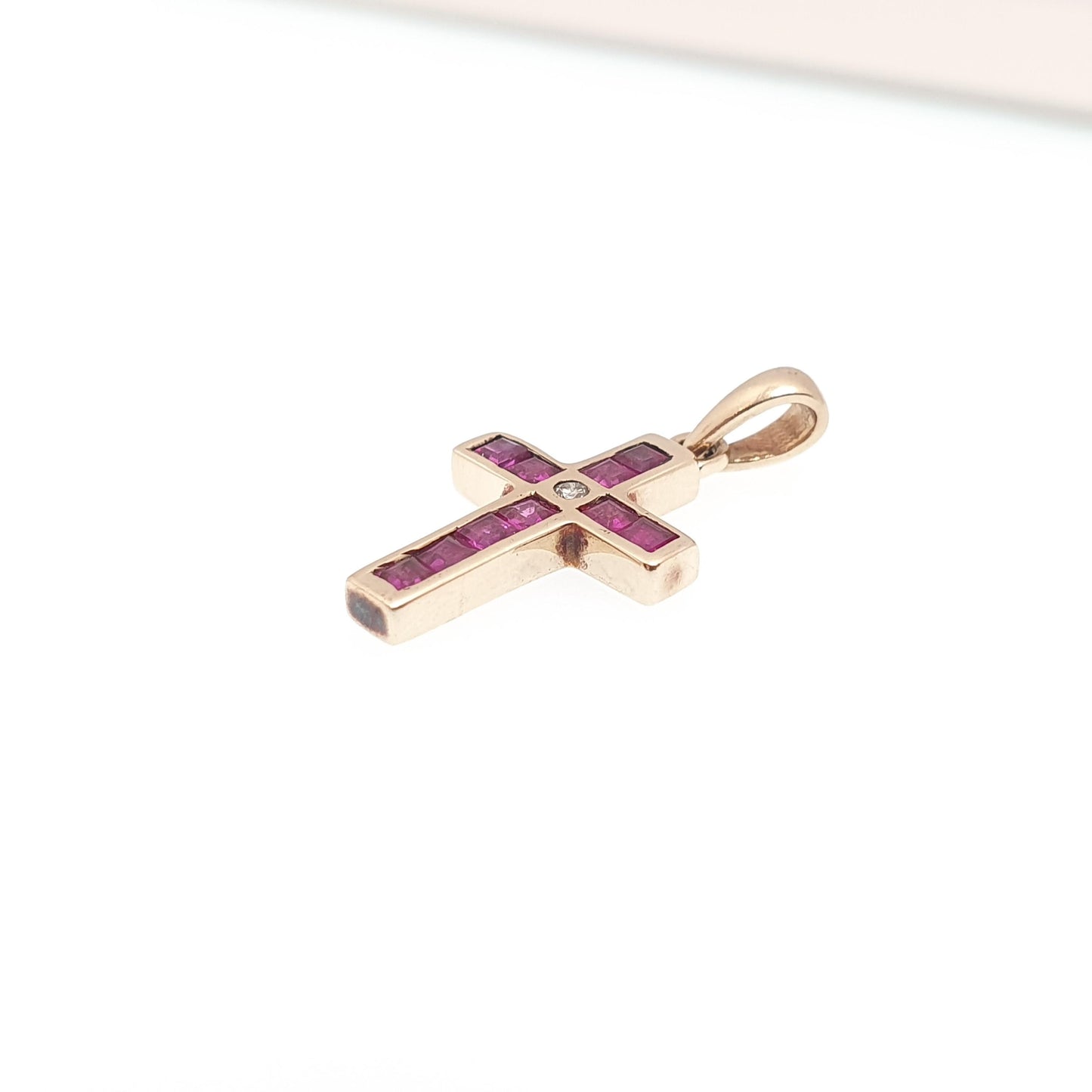 Vintage 9k 9ct Gold Ruby Crucifix Necklace Cross Diamond Pendant Rubies Channel Square Cut