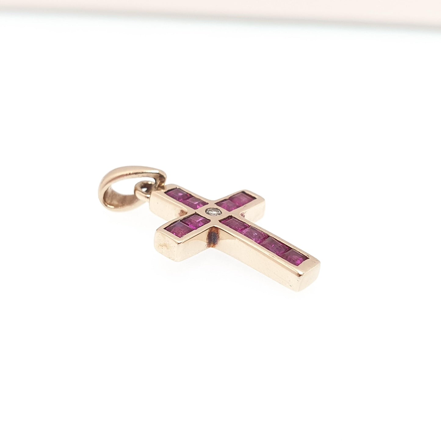 Vintage 9k 9ct Gold Ruby Crucifix Necklace Cross Diamond Pendant Rubies Channel Square Cut