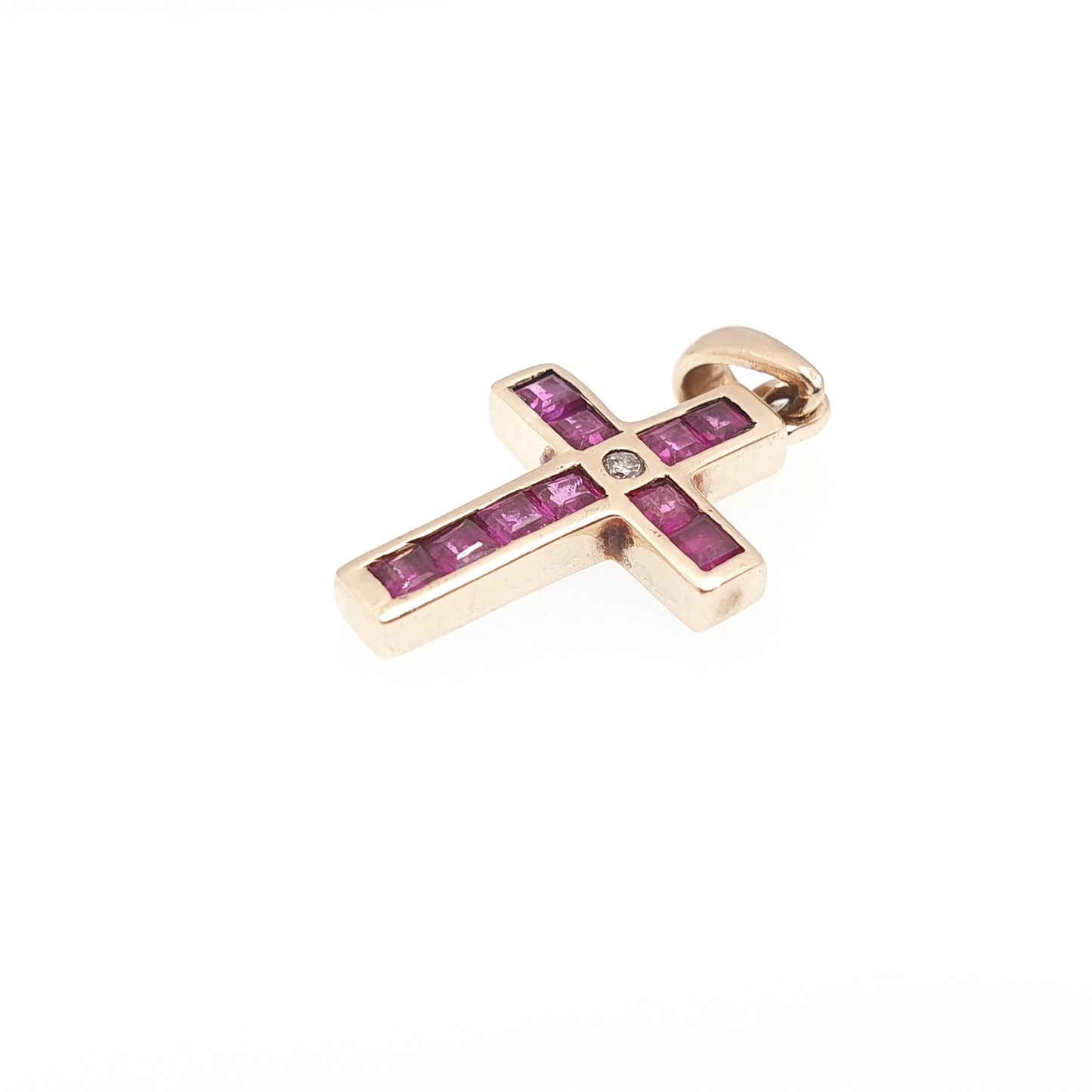 Vintage 9k 9ct Gold Ruby Crucifix Necklace Cross Diamond Pendant Rubies Channel Square Cut