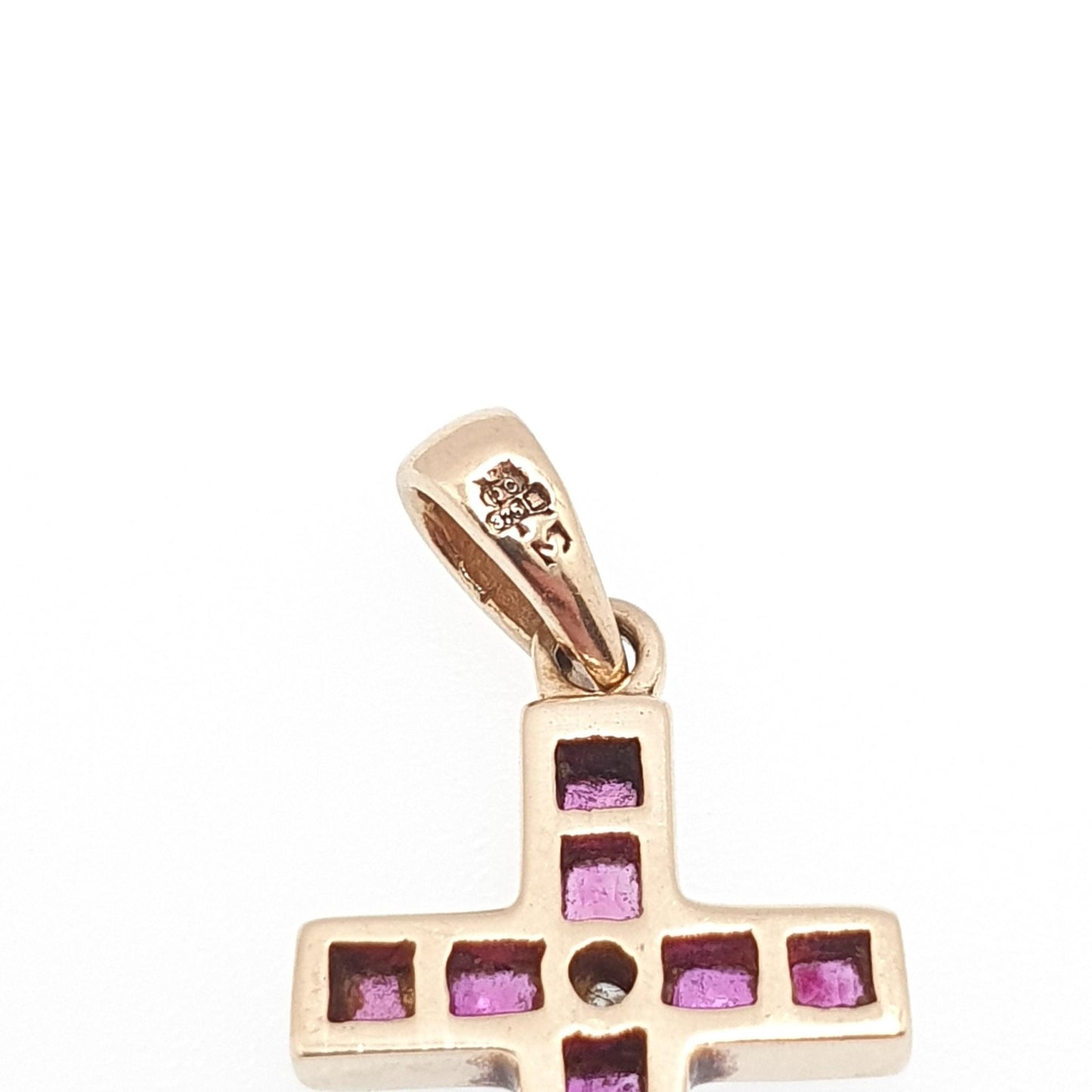 Vintage 9k 9ct Gold Ruby Crucifix Necklace Cross Diamond Pendant Rubies Channel Square Cut