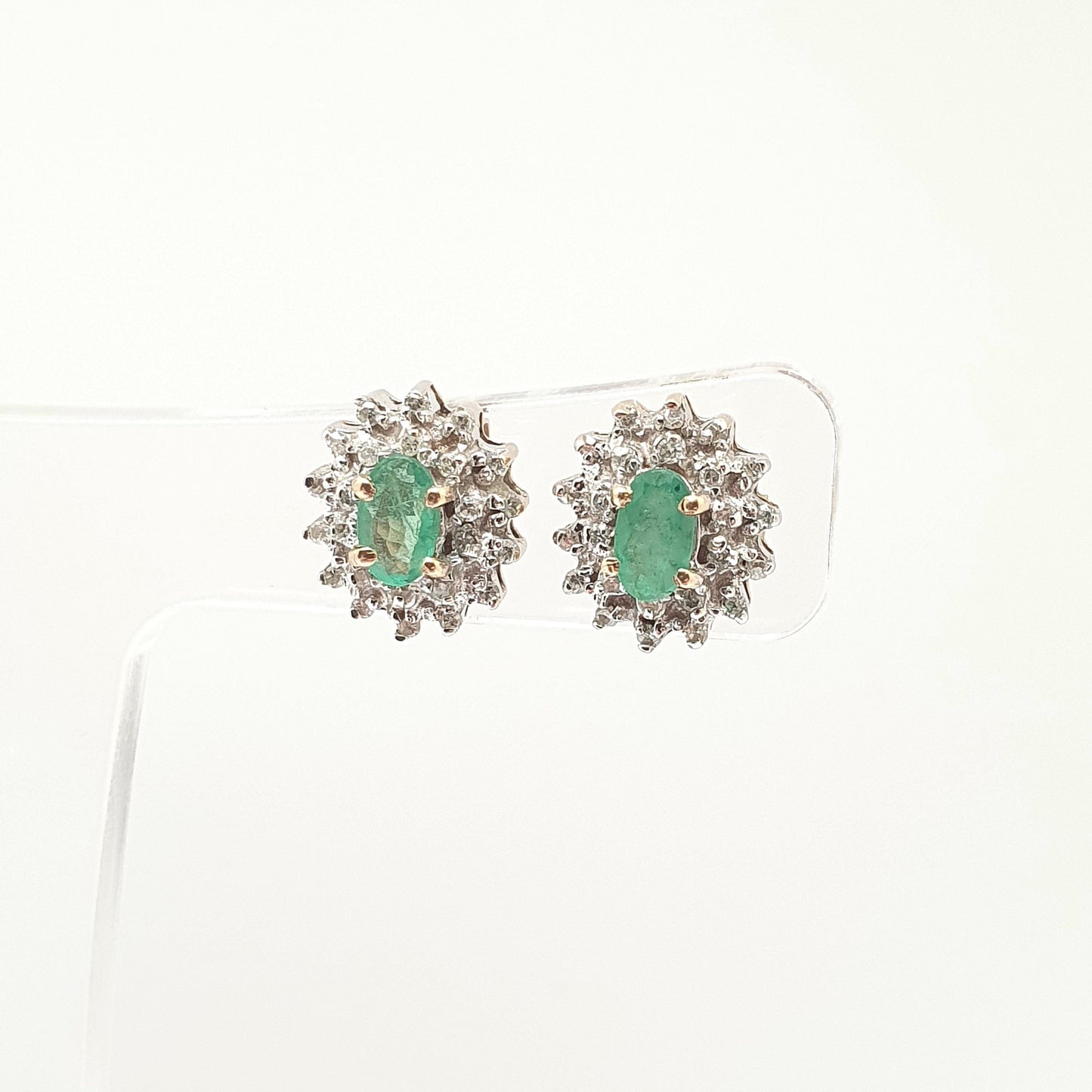Vintage 9ct Gold Emerald & Diamond Stud Earrings Cluster Halo Solid 9k 375 Oval Cut Genuine Gemstone Jewelry Jewellery