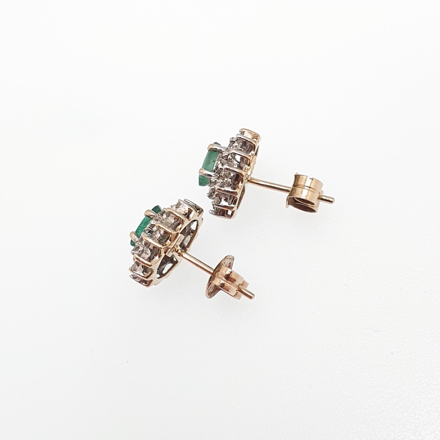 Vintage 9ct Gold Emerald & Diamond Stud Earrings Cluster Halo Solid 9k 375 Oval Cut Genuine Gemstone Jewelry Jewellery