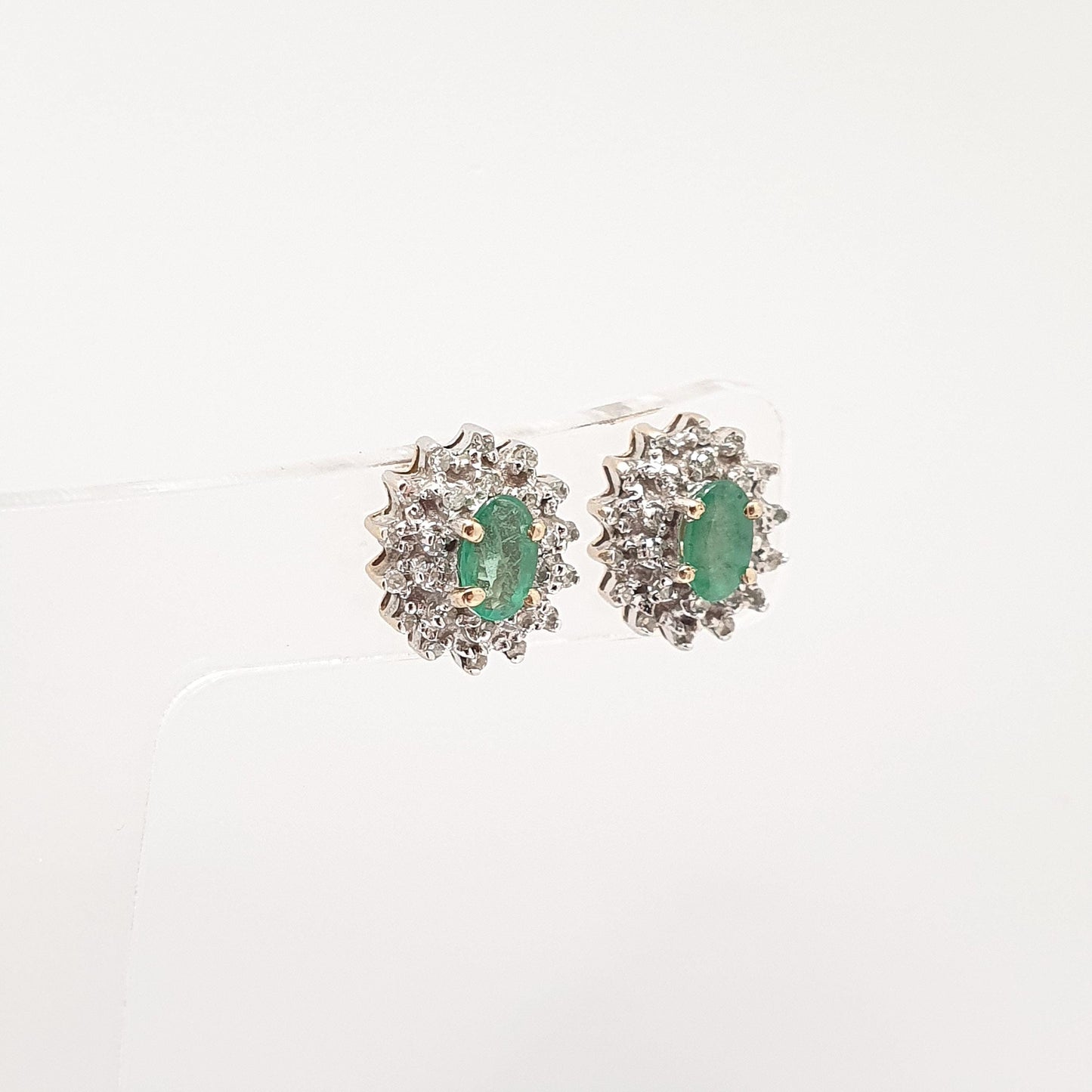 Vintage 9ct Gold Emerald & Diamond Stud Earrings Cluster Halo Solid 9k 375 Oval Cut Genuine Gemstone Jewelry Jewellery