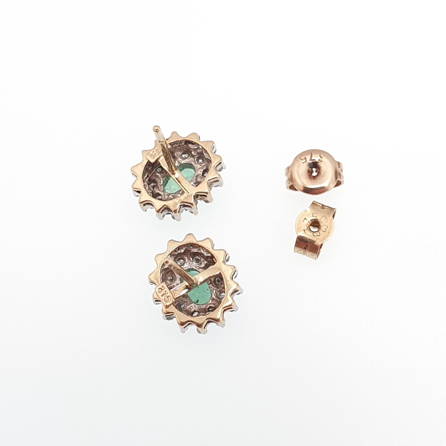 Vintage 9ct Gold Emerald & Diamond Stud Earrings Cluster Halo Solid 9k 375 Oval Cut Genuine Gemstone Jewelry Jewellery