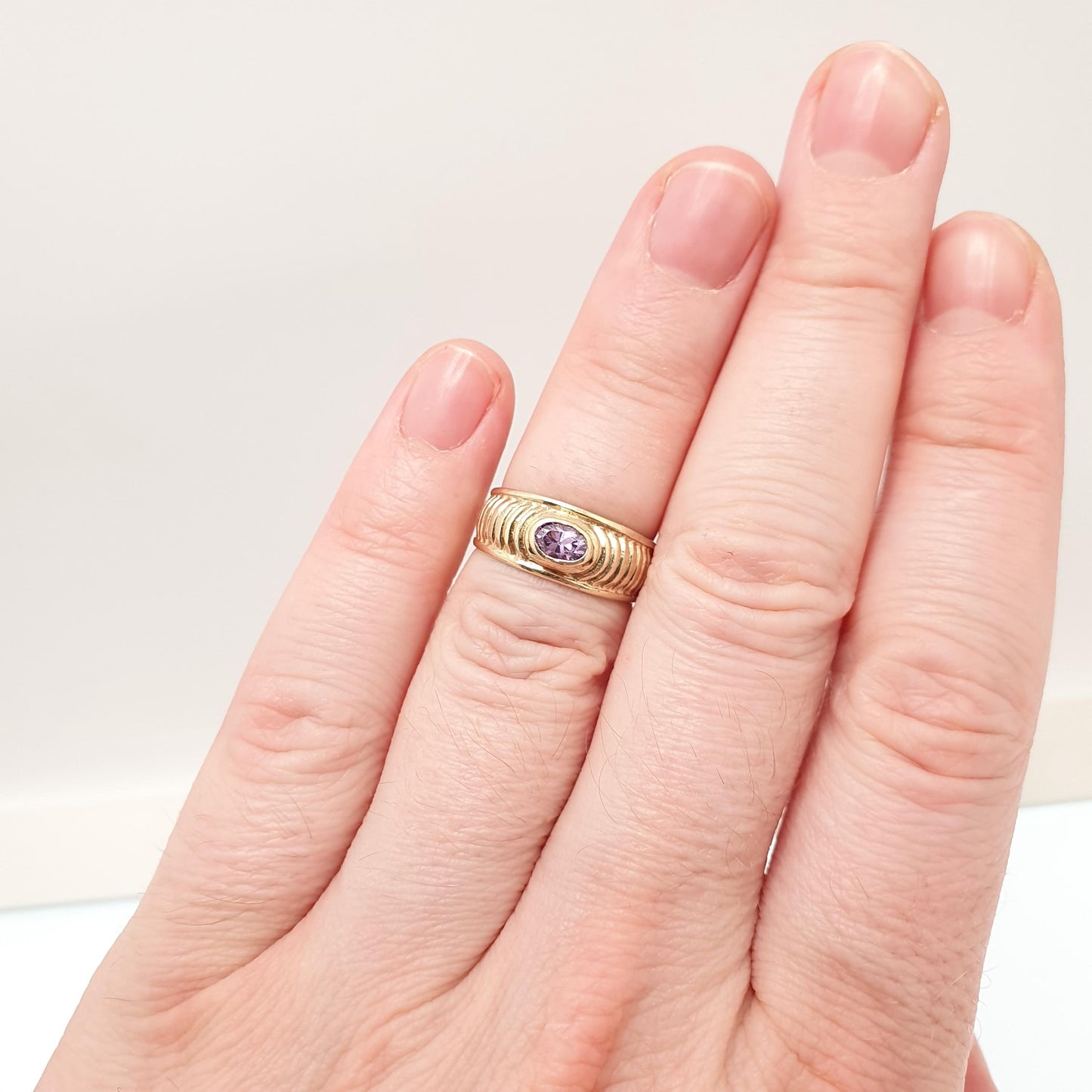 Vintage 9ct Gold Amethyst Ring Stepped Shoulder Domed Solitaire Oval Cut Solid 9k 9kt Womens Jewelry