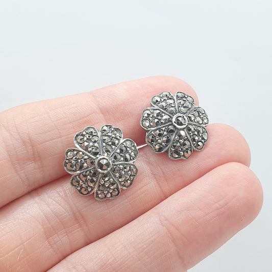 Antique Art Deco Solid Silver Flower Marcasite Cluster Earrings Clip On 1920s Vintage Flapper Jewelry Jewellery