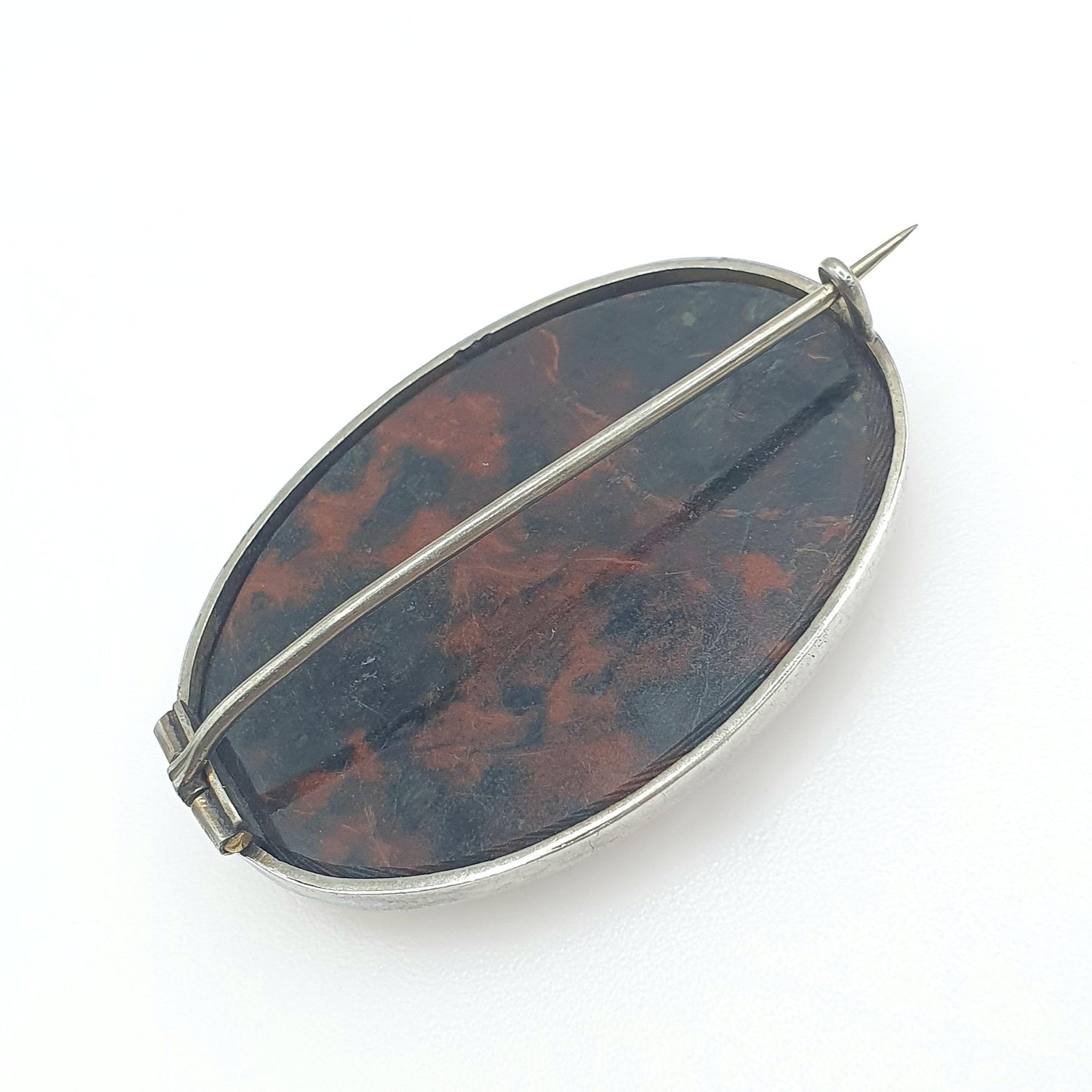 Antique Victorian Solid Silver Bloodstone Brooch Large Big Genuine Natural Quartz Gemstone Red Green Jewelry Jewellery Vintage