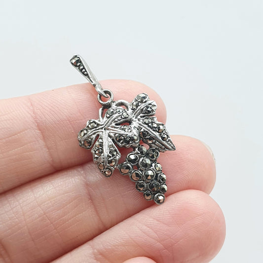 Antique Art Deco Solid Silver Marcasite Grape Pendant Grapevine Necklace Fruit Vintage 1920s Jewelry Jewellery