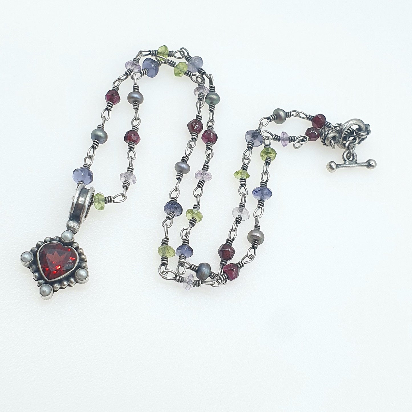 Vintage Sterling Silver Garnet Pendant Peridot Amethyst Bead Necklace Bohemian Multi Gemstone Jewelry Jewellery