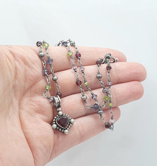 Vintage Sterling Silver Garnet Pendant Peridot Amethyst Bead Necklace Bohemian Multi Gemstone Jewelry Jewellery