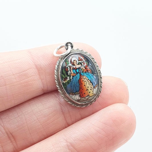 Antique Sterling Silver Butterfly Wing Pendant Painted with Lady TLM Art Deco Necklace Insect Vintage Jewellery Jewelry