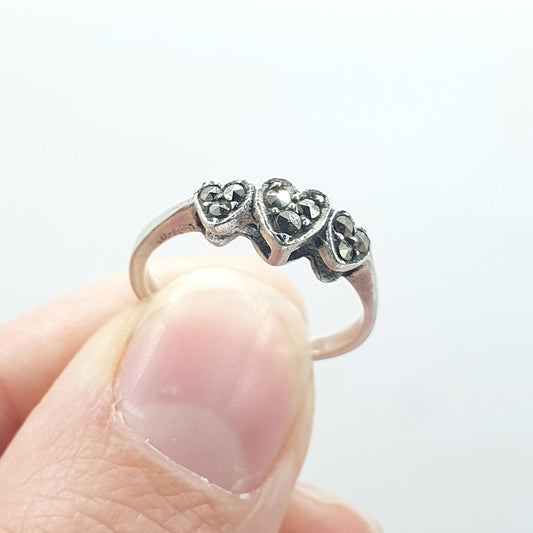 Antique Art Deco Solid Silver Marcasite Heart Ring Trilogy Love Stacking Stacker Vintage Womens Jewelry Jewellery UK L US 5.75