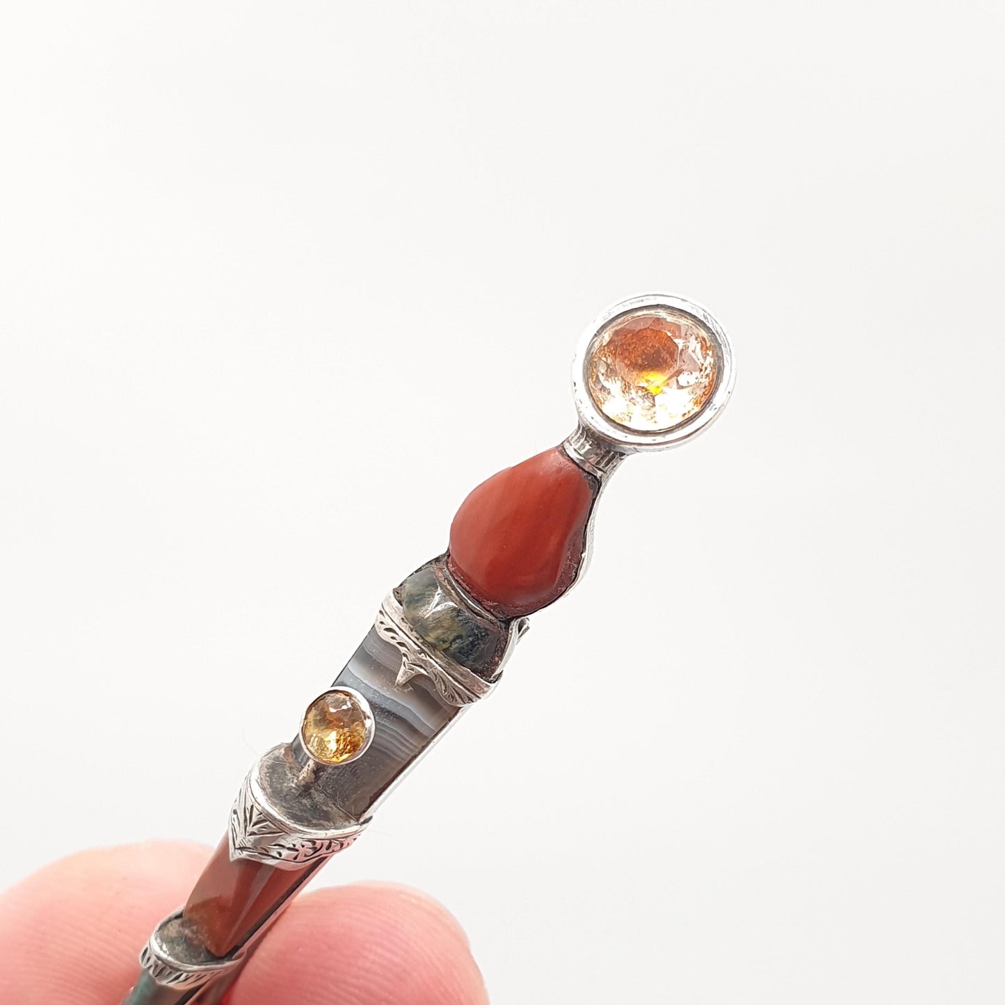 Antique Victorian Sterling Silver Scottish Dirk Brooch Pin Citrine Large Big Japser Agate Bloodstone Cairngorm Vintage Jewelry Jewellery
