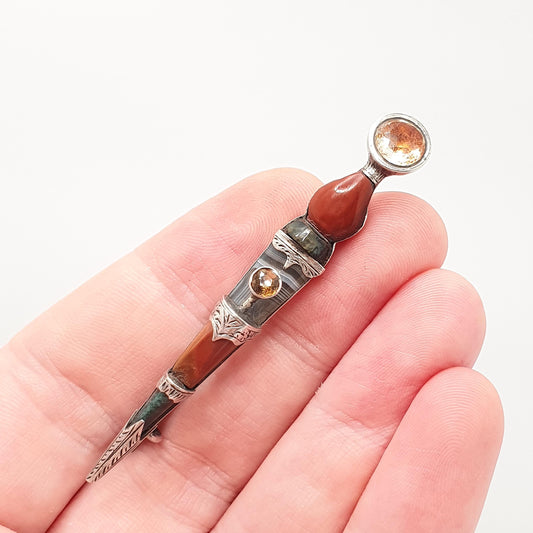 Antique Victorian Sterling Silver Scottish Dirk Brooch Pin Citrine Large Big Japser Agate Bloodstone Cairngorm Vintage Jewelry Jewellery