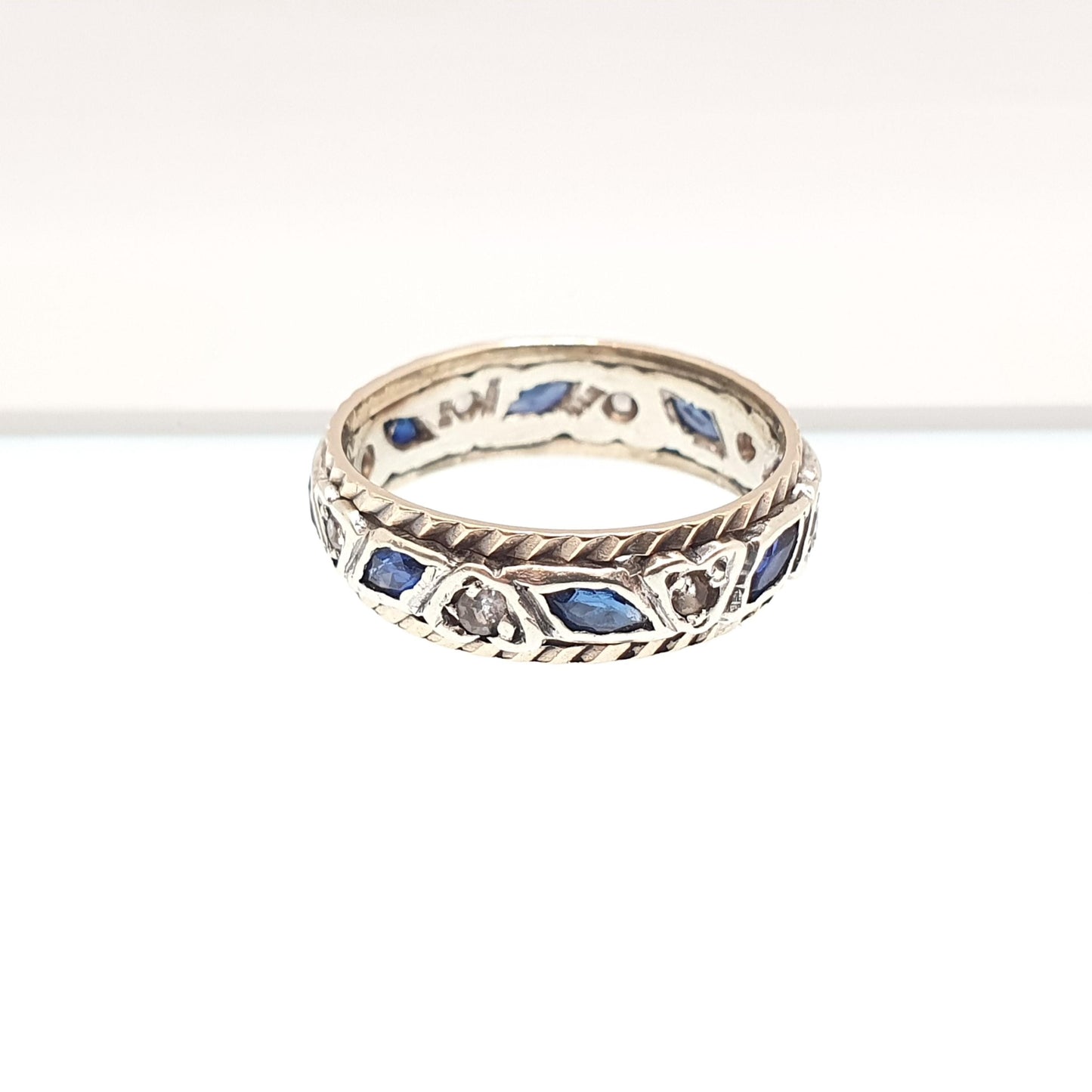 Vintage 9ct Gold Sapphire Eternity Ring White Spinel Marquise Cut Full Band Gemstone Solid 9k 375 Womens Jewelry Jewellery