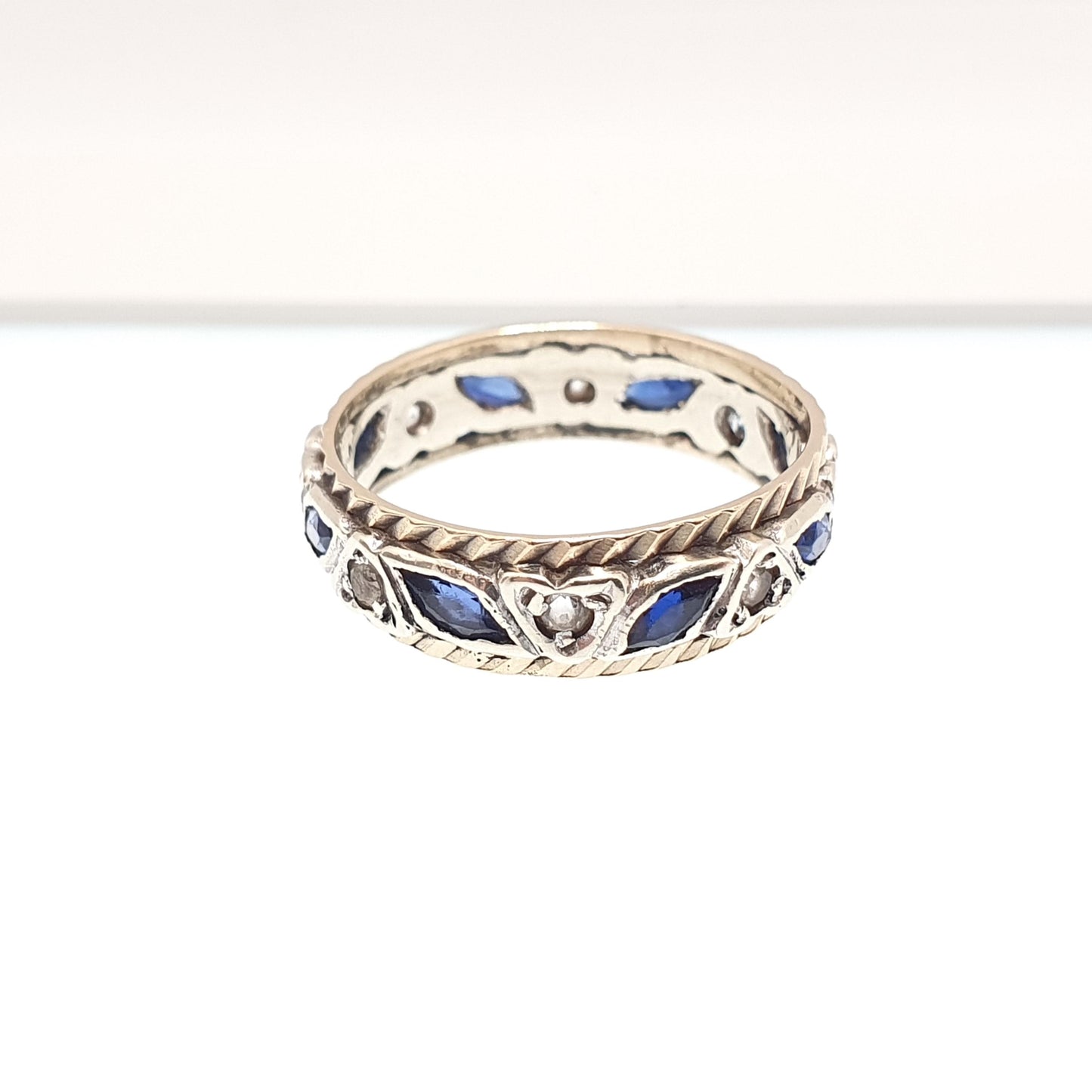Vintage 9ct Gold Sapphire Eternity Ring White Spinel Marquise Cut Full Band Gemstone Solid 9k 375 Womens Jewelry Jewellery