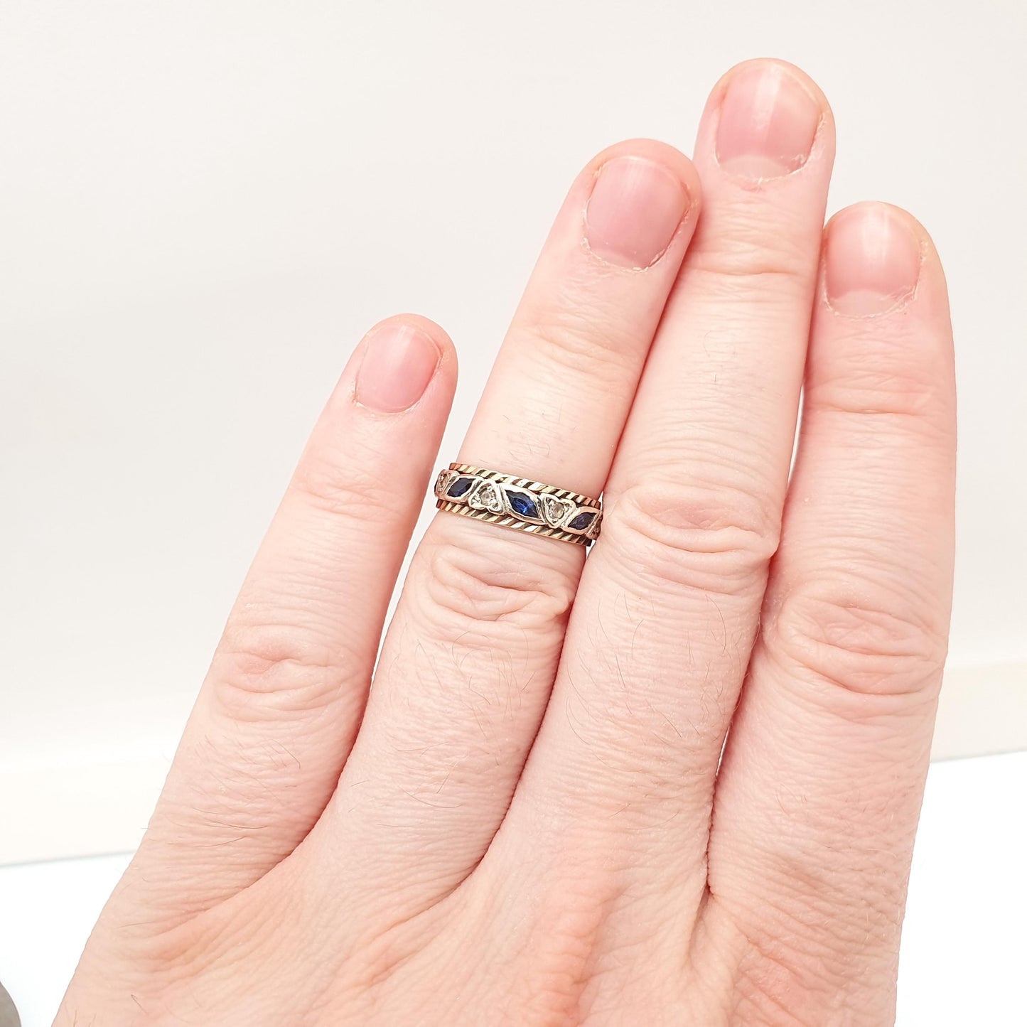 Vintage 9ct Gold Sapphire Eternity Ring White Spinel Marquise Cut Full Band Gemstone Solid 9k 375 Womens Jewelry Jewellery