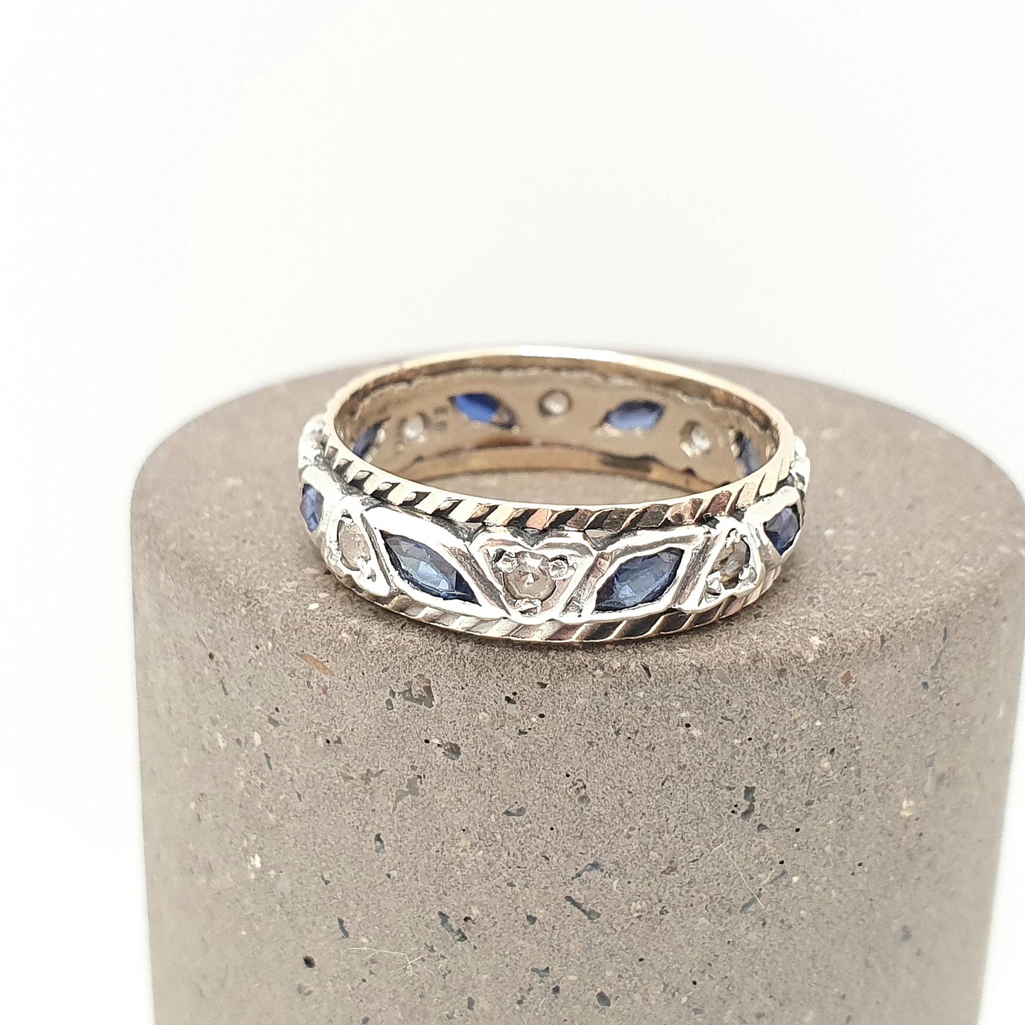 Vintage 9ct Gold Sapphire Eternity Ring White Spinel Marquise Cut Full Band Gemstone Solid 9k 375 Womens Jewelry Jewellery