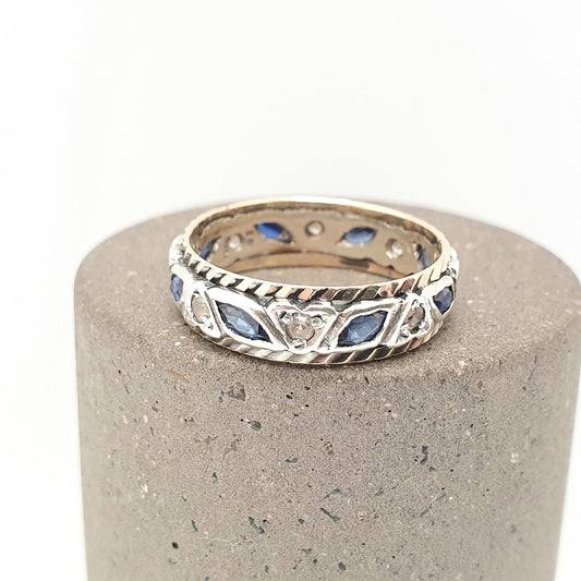 Vintage 9ct Gold Sapphire Eternity Ring White Spinel Marquise Cut Full Band Gemstone Solid 9k 375 Womens Jewelry Jewellery