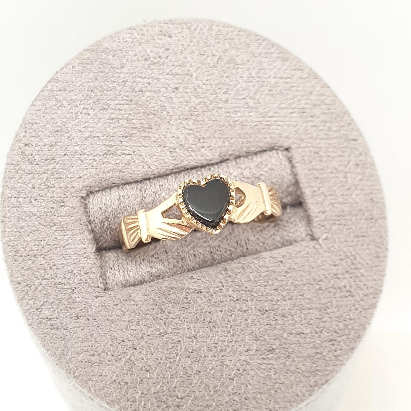 Vintage 9ct Gold Onyx Claddagh Ring Solid 9k Irish Gaelic Heart Yellow Friendship Loyalty Womens Jewelry Jewellery