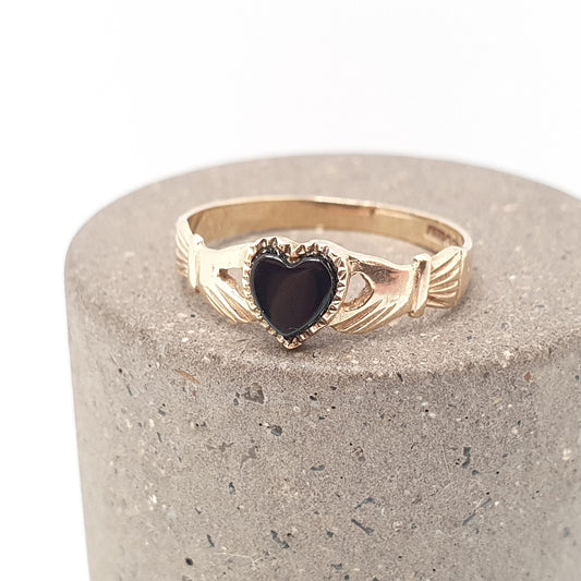 Vintage 9ct Gold Onyx Claddagh Ring Solid 9k Irish Gaelic Heart Yellow Friendship Loyalty Womens Jewelry Jewellery