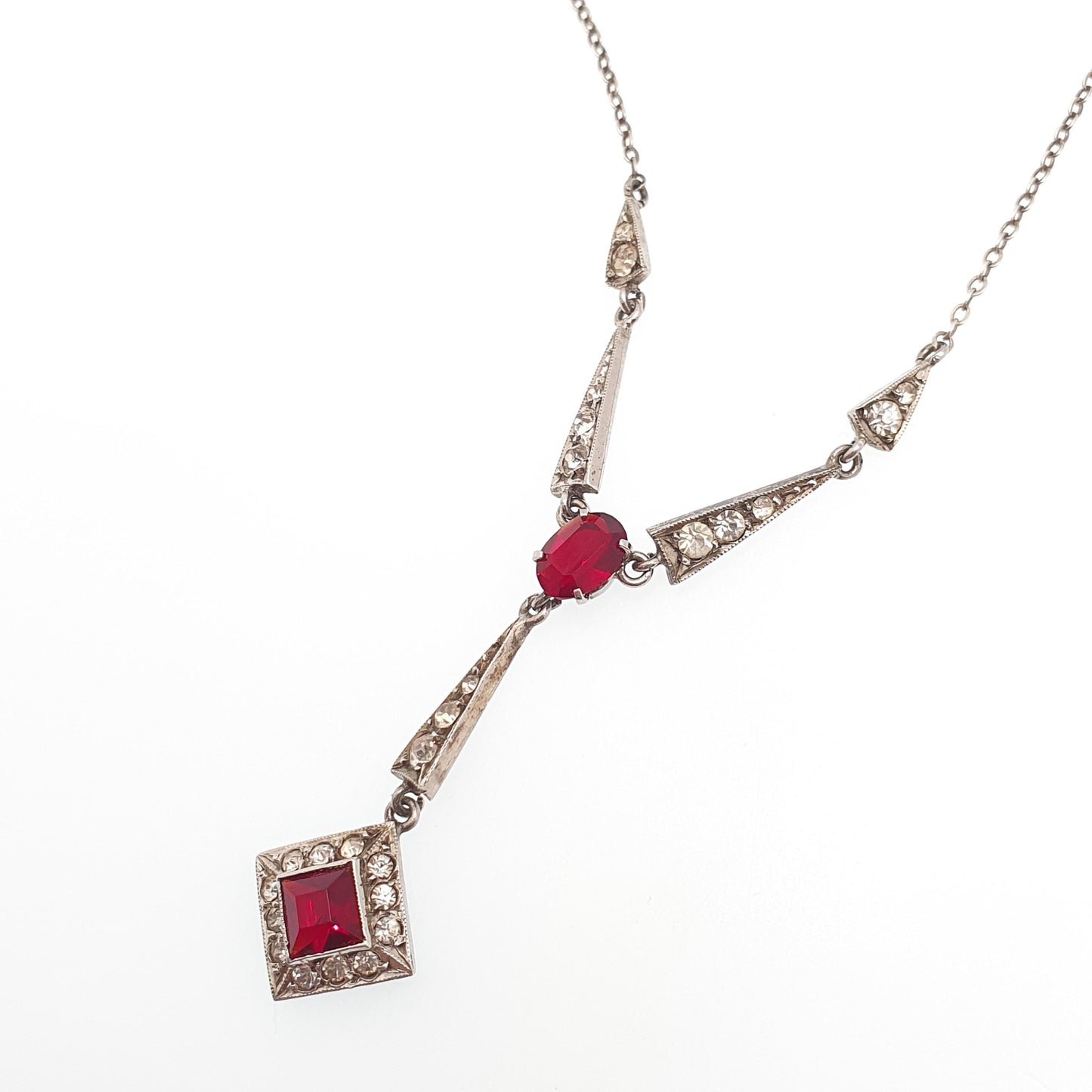 Antique Art Deco Solid Silver Ruby Paste Necklace Diamond Paste Y Pendant Sparkly Vintage Jewellery Jewelry