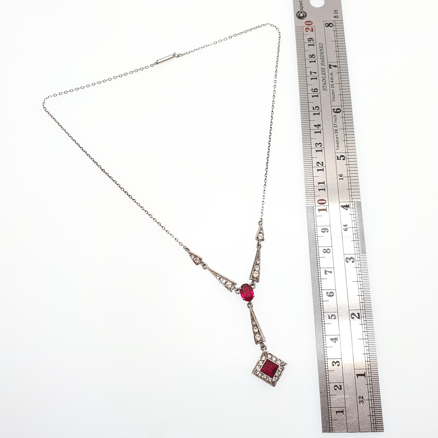 Antique Art Deco Solid Silver Ruby Paste Necklace Diamond Paste Y Pendant Sparkly Vintage Jewellery Jewelry