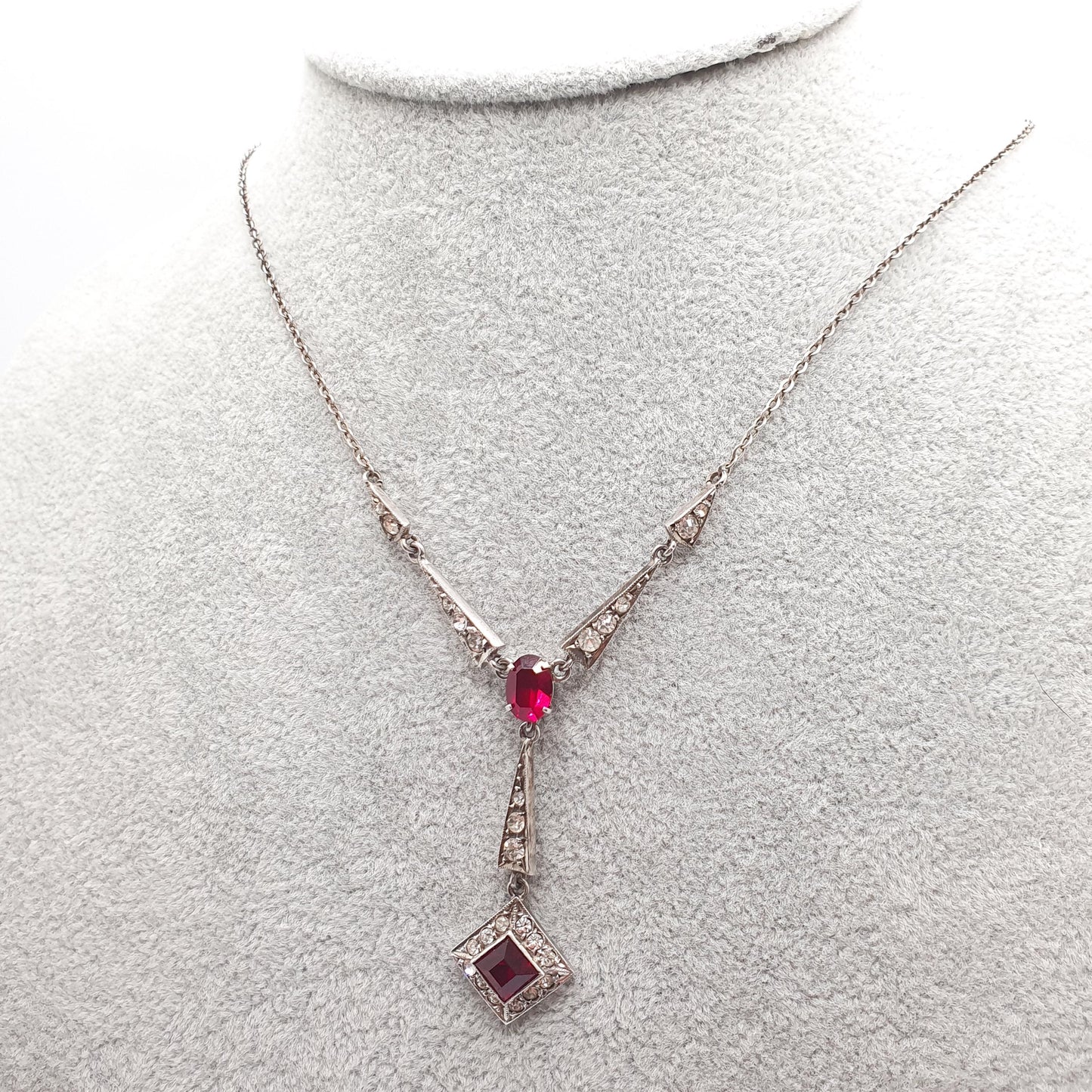 Antique Art Deco Solid Silver Ruby Paste Necklace Diamond Paste Y Pendant Sparkly Vintage Jewellery Jewelry