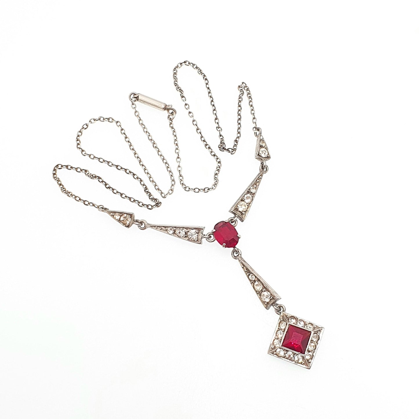 Antique Art Deco Solid Silver Ruby Paste Necklace Diamond Paste Y Pendant Sparkly Vintage Jewellery Jewelry