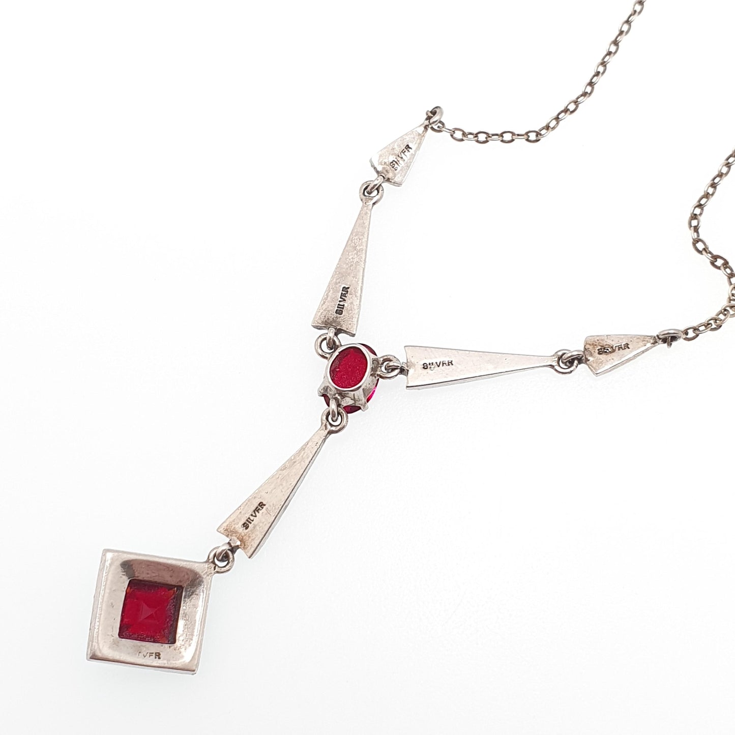 Antique Art Deco Solid Silver Ruby Paste Necklace Diamond Paste Y Pendant Sparkly Vintage Jewellery Jewelry