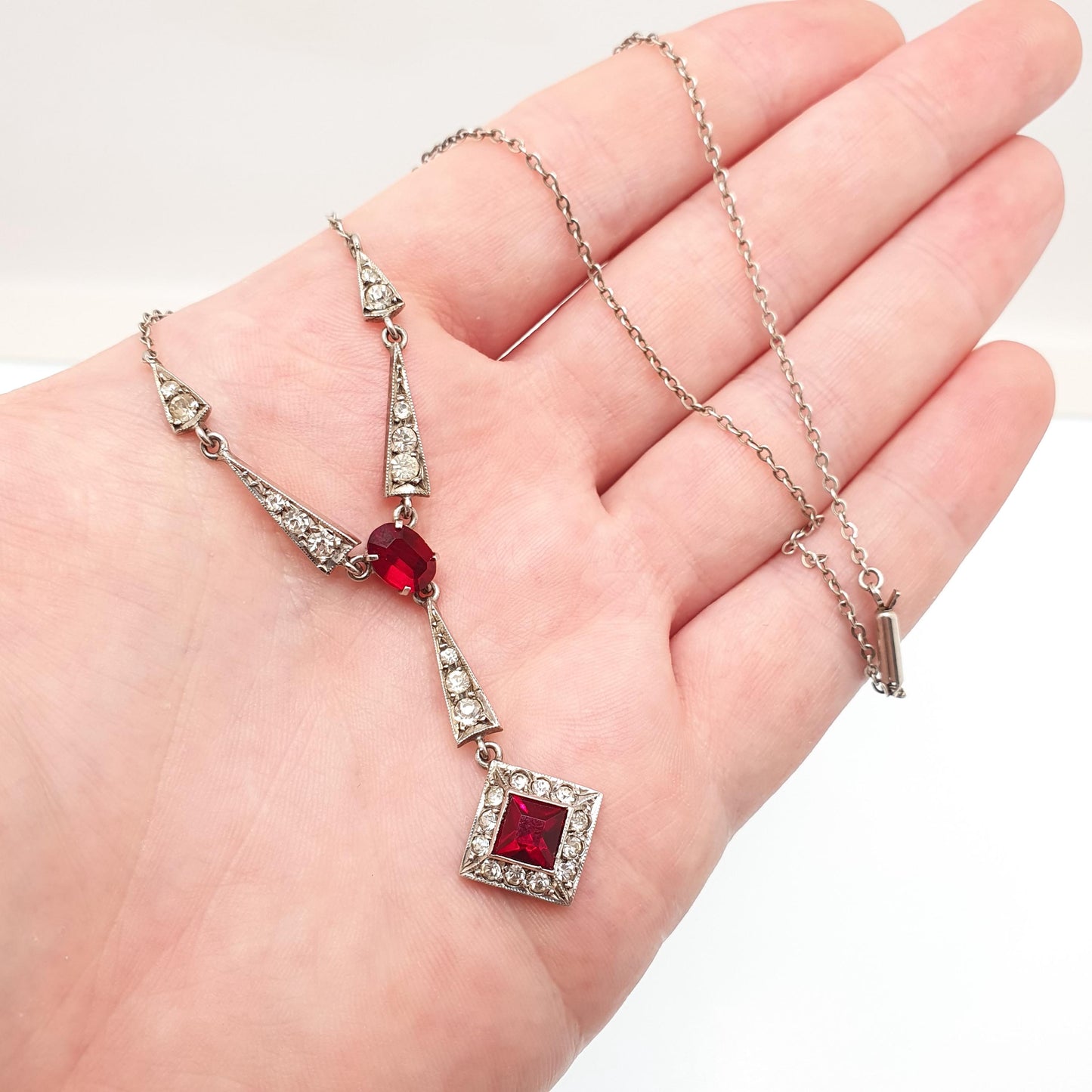 Antique Art Deco Solid Silver Ruby Paste Necklace Diamond Paste Y Pendant Sparkly Vintage Jewellery Jewelry