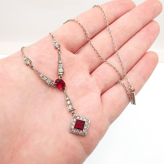 Antique Art Deco Solid Silver Ruby Paste Necklace Diamond Paste Y Pendant Sparkly Vintage Jewellery Jewelry