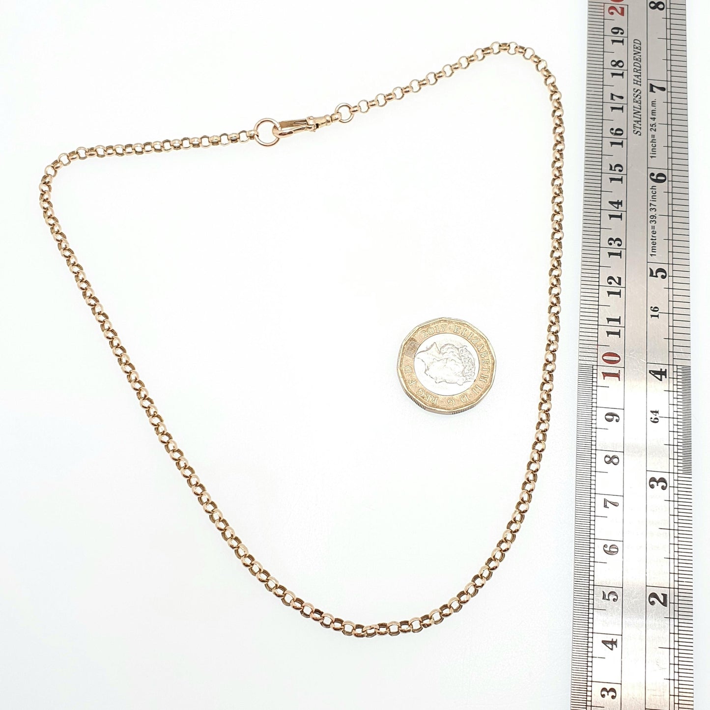 Vintage 9k 9ct Gold Belcher Link Chain Necklace Dog Clip Rolo Round 43cm 16.9" 4.11g Solid 375 Womens Mens