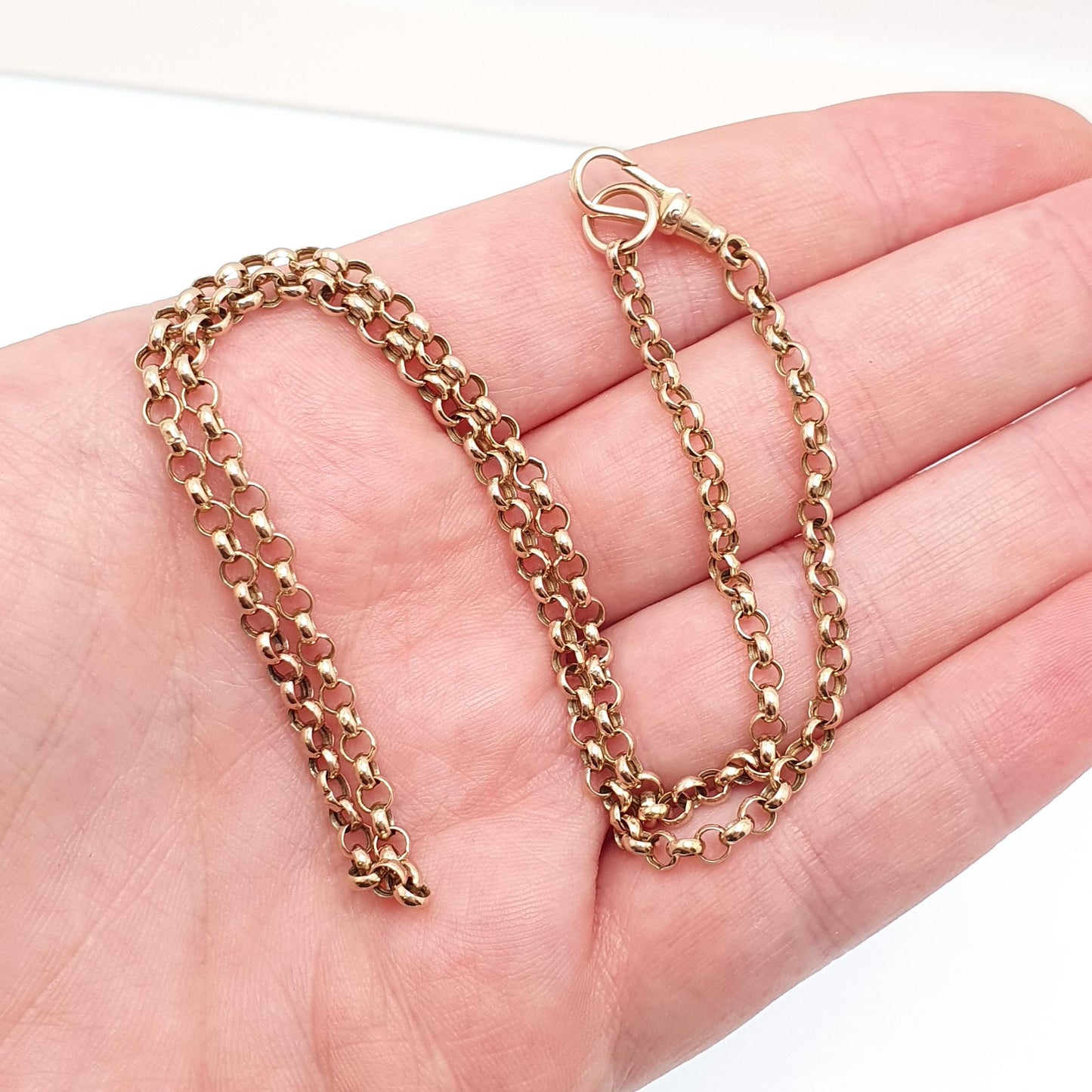 Vintage 9k 9ct Gold Belcher Link Chain Necklace Dog Clip Rolo Round 43cm 16.9" 4.11g Solid 375 Womens Mens