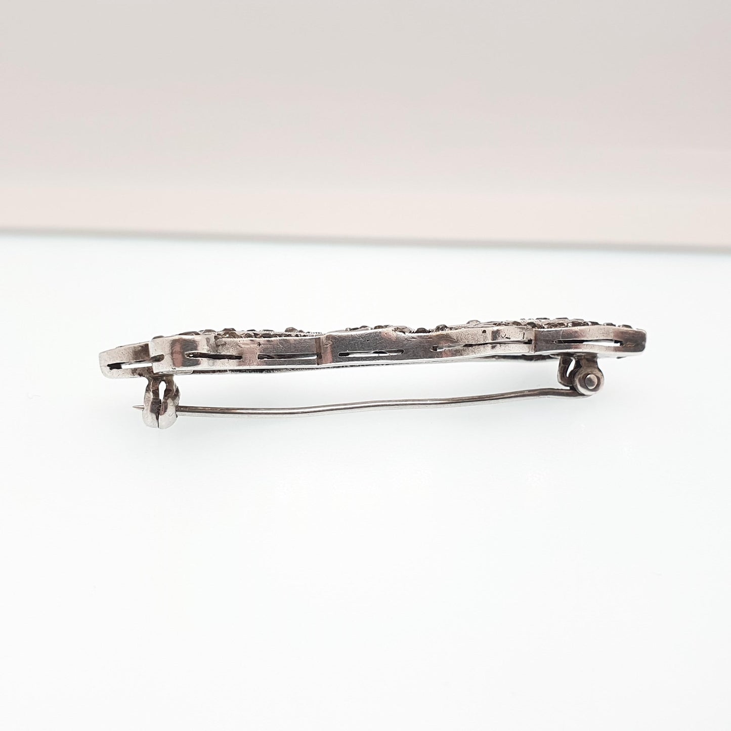 Antique Solid Silver Diamond Paste Brooch Art Deco Bow Scroll Pin 1920s Flapper Geometric Vintage Jewellery Jewelry