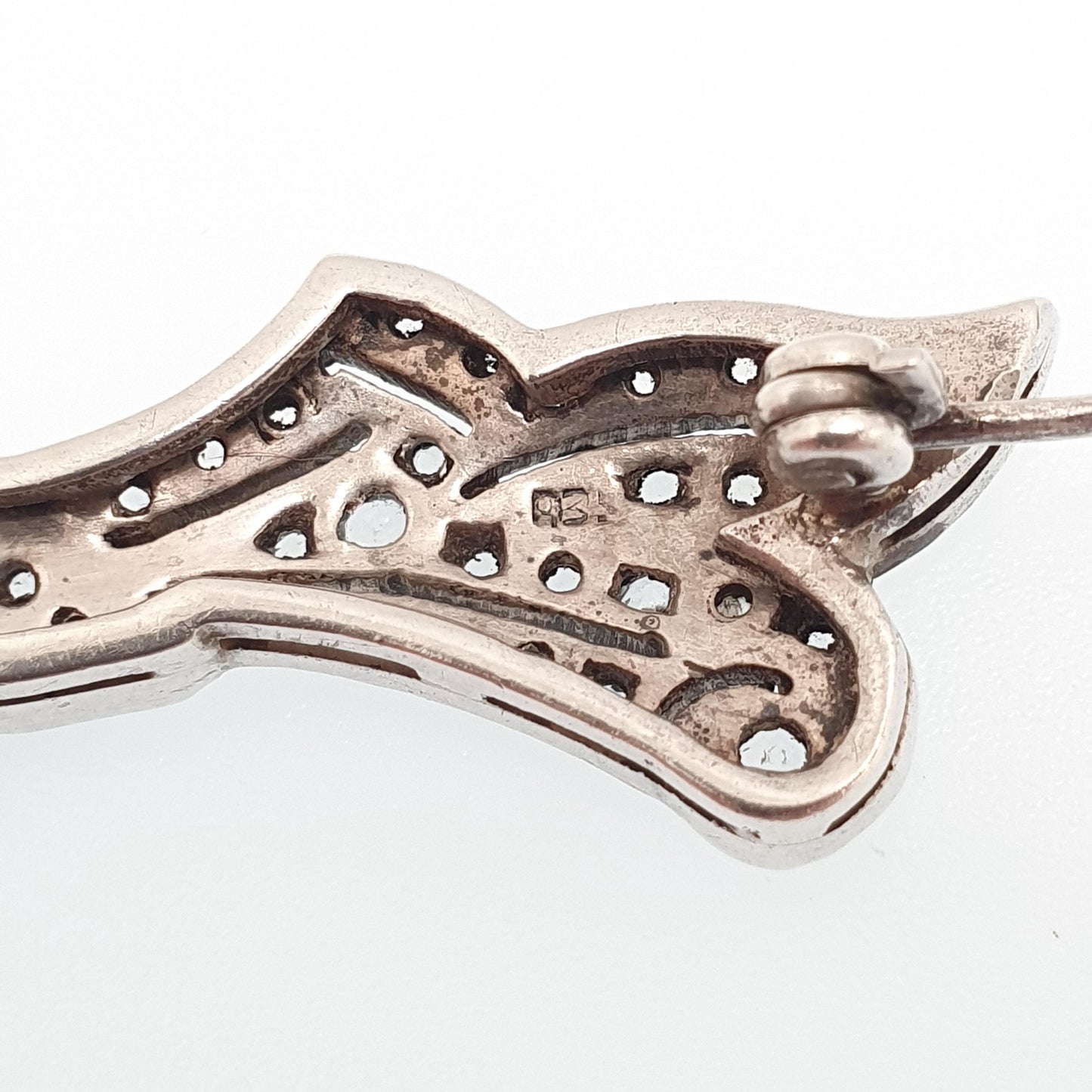 Antique Solid Silver Diamond Paste Brooch Art Deco Bow Scroll Pin 1920s Flapper Geometric Vintage Jewellery Jewelry