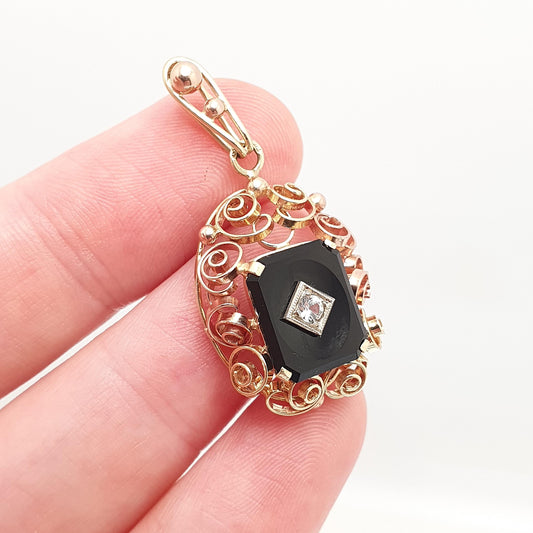 Antique 14k Gold Onyx Pendant Art Deco White Spinel Two Tone Gold Necklace Solid 14kt 585 Rose Yellow Vintage Jewellery Jewelry
