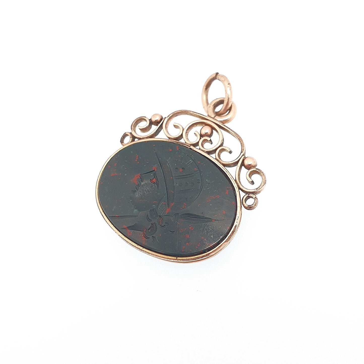 Antique Victorian Bloodstone Centurion Intaglio Pendant Necklace Rolled Gold Filled Solider Hand Carved Agate Gemstone Vintage