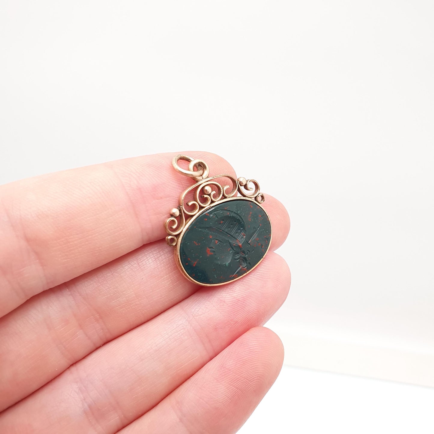 Antique Victorian Bloodstone Centurion Intaglio Pendant Necklace Rolled Gold Filled Solider Hand Carved Agate Gemstone Vintage