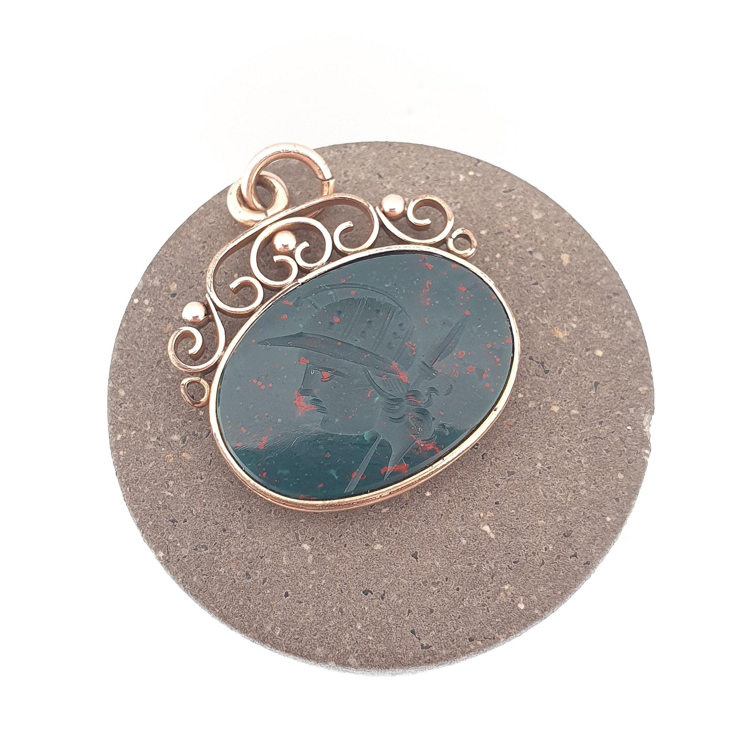 Antique Victorian Bloodstone Centurion Intaglio Pendant Necklace Rolled Gold Filled Solider Hand Carved Agate Gemstone Vintage