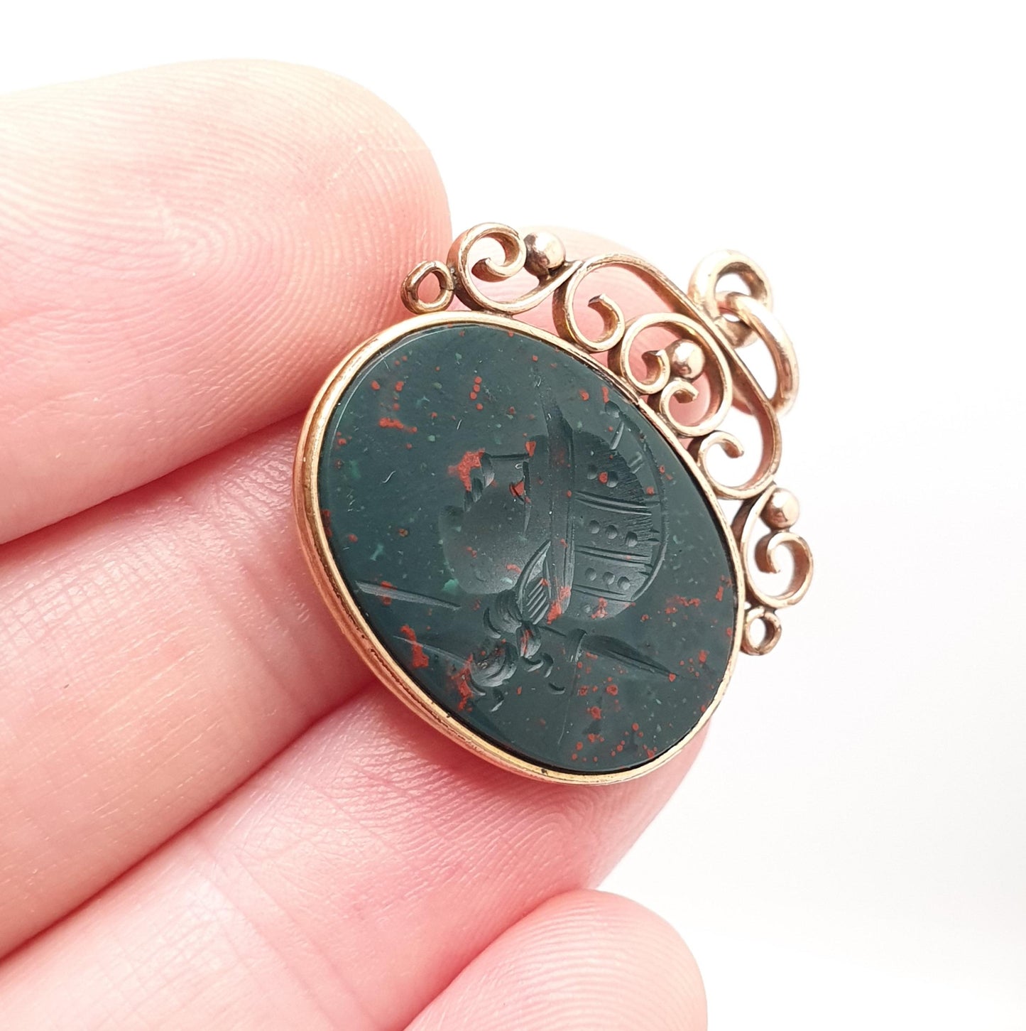 Antique Victorian Bloodstone Centurion Intaglio Pendant Necklace Rolled Gold Filled Solider Hand Carved Agate Gemstone Vintage