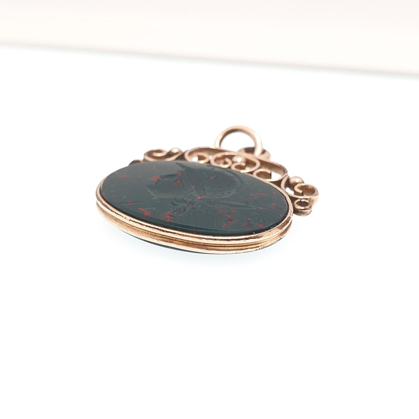Antique Victorian Bloodstone Centurion Intaglio Pendant Necklace Rolled Gold Filled Solider Hand Carved Agate Gemstone Vintage