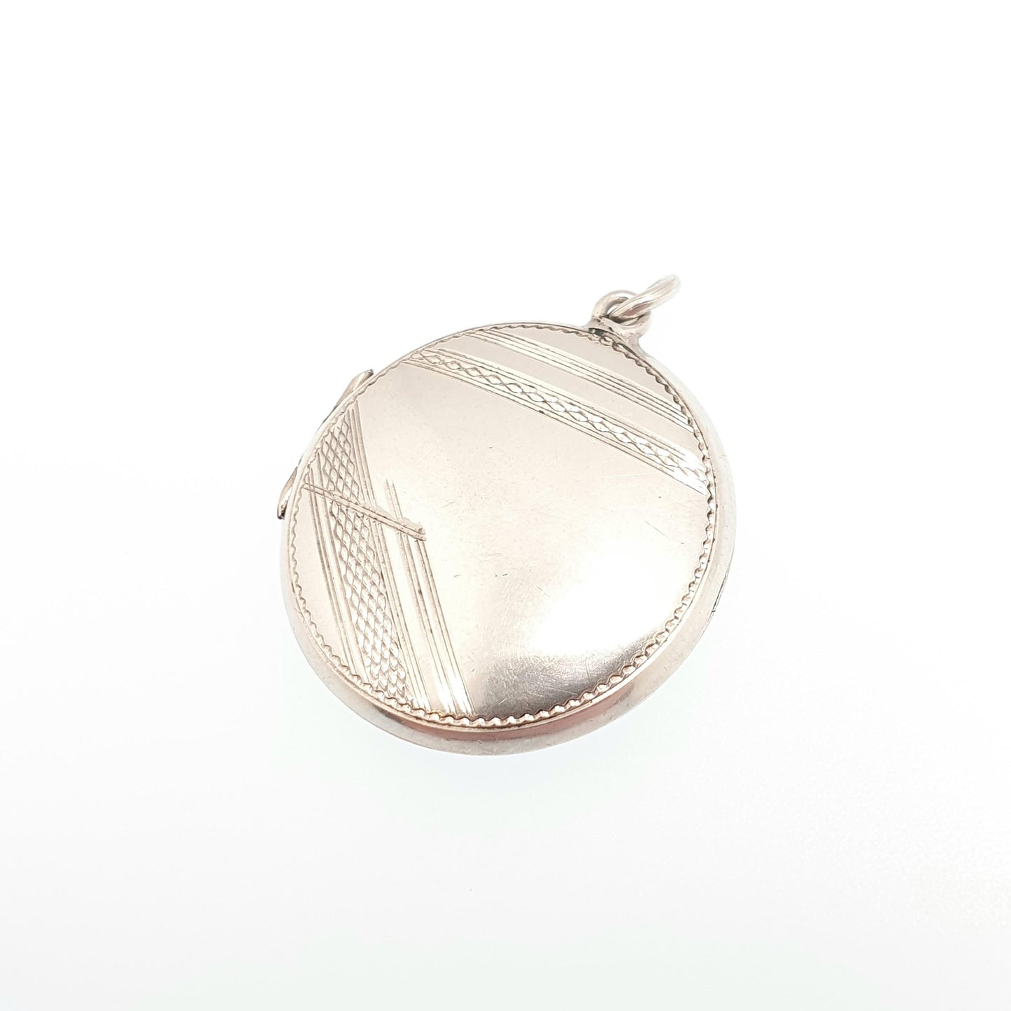 Antique Solid Silver Locket Art Deco Geometric Pattern Round Circle Necklace Pendant Vintage Jewellery