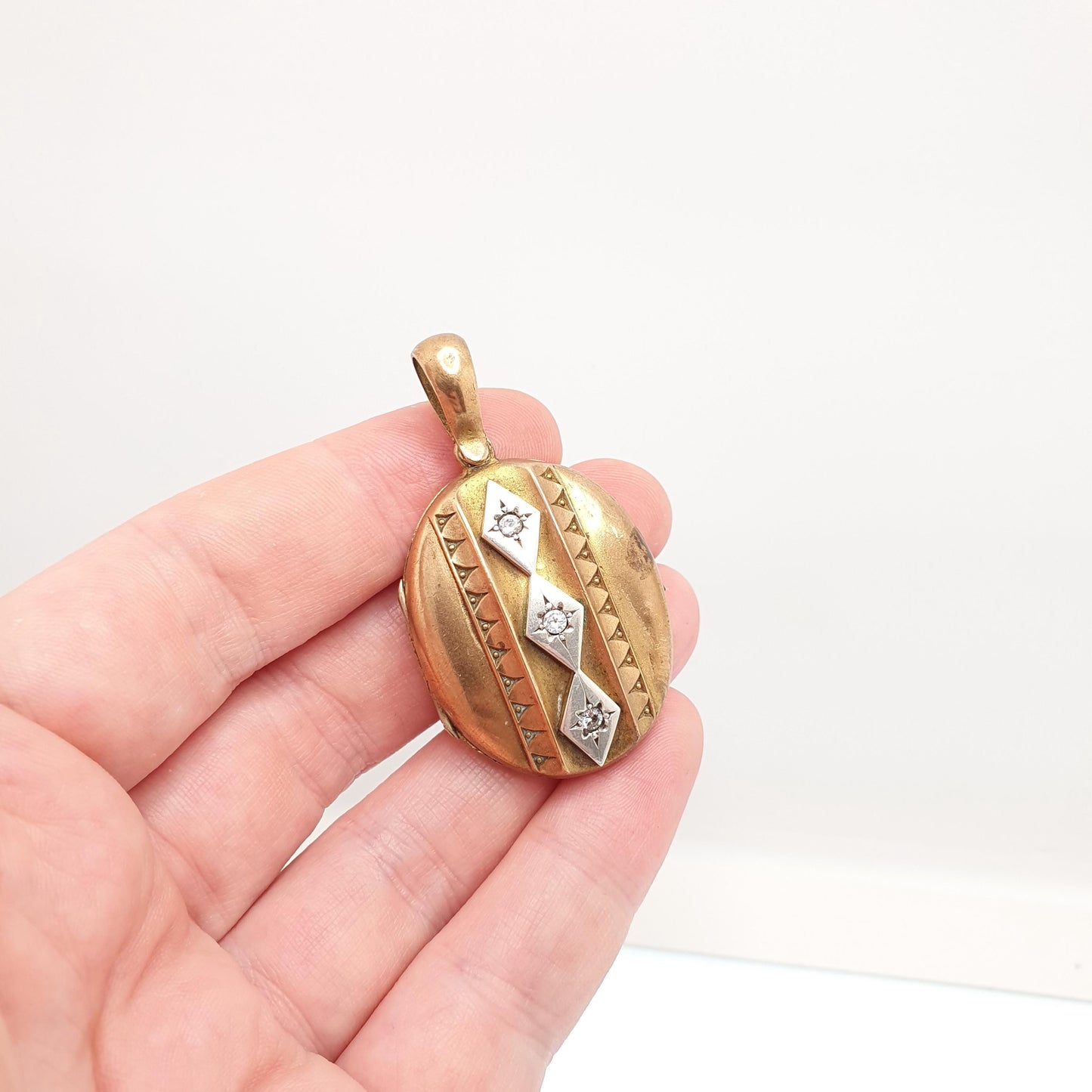 Antique Victorian Diamond Paste Necklace Pendant Gold Tone Base Metal Large Oval Vintage 1800s Big Jewellery Jewelry