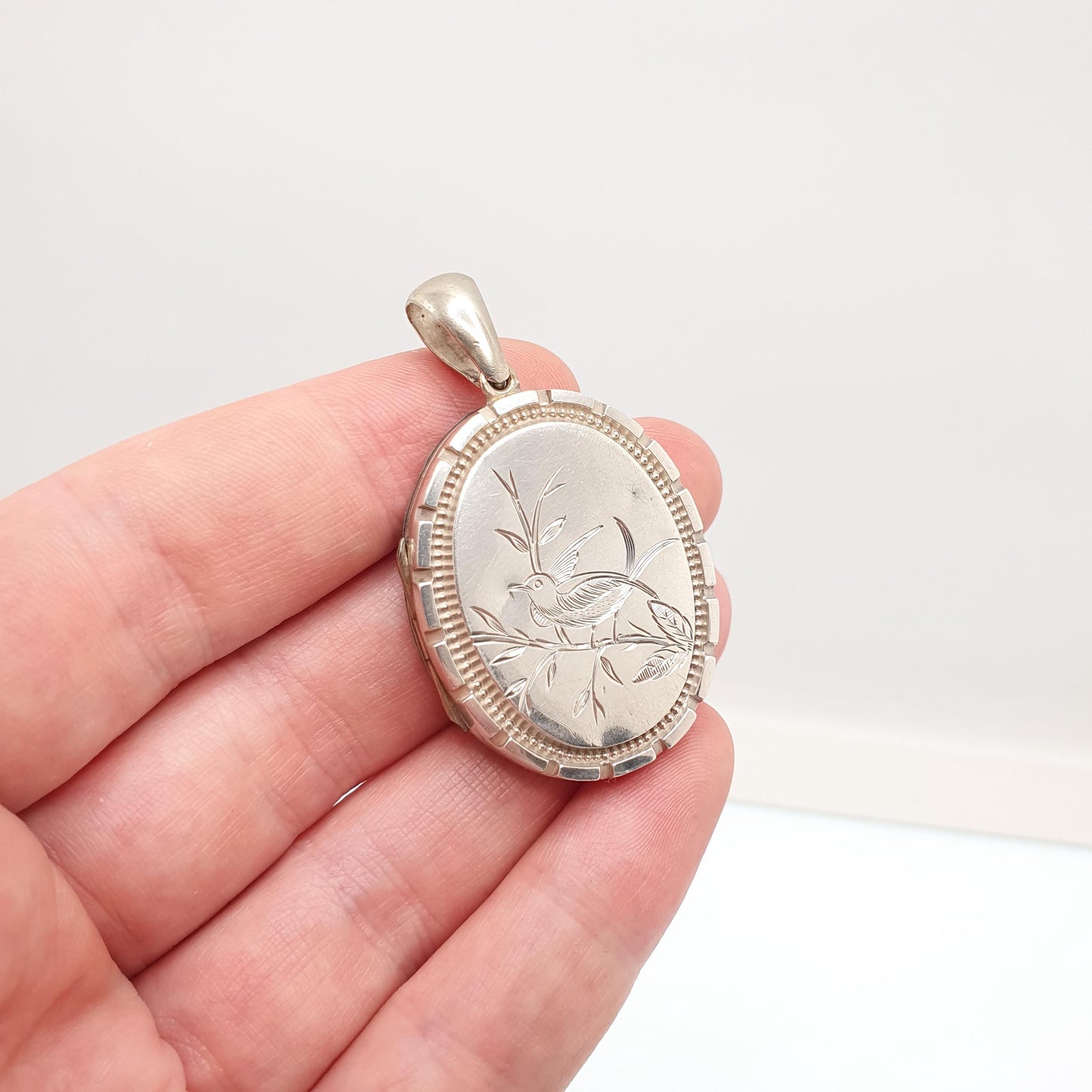Antique Victorian Solid Silver Bird Locket Back and Front Pendant Necklace Hand Engraved Aesthetic Vintage