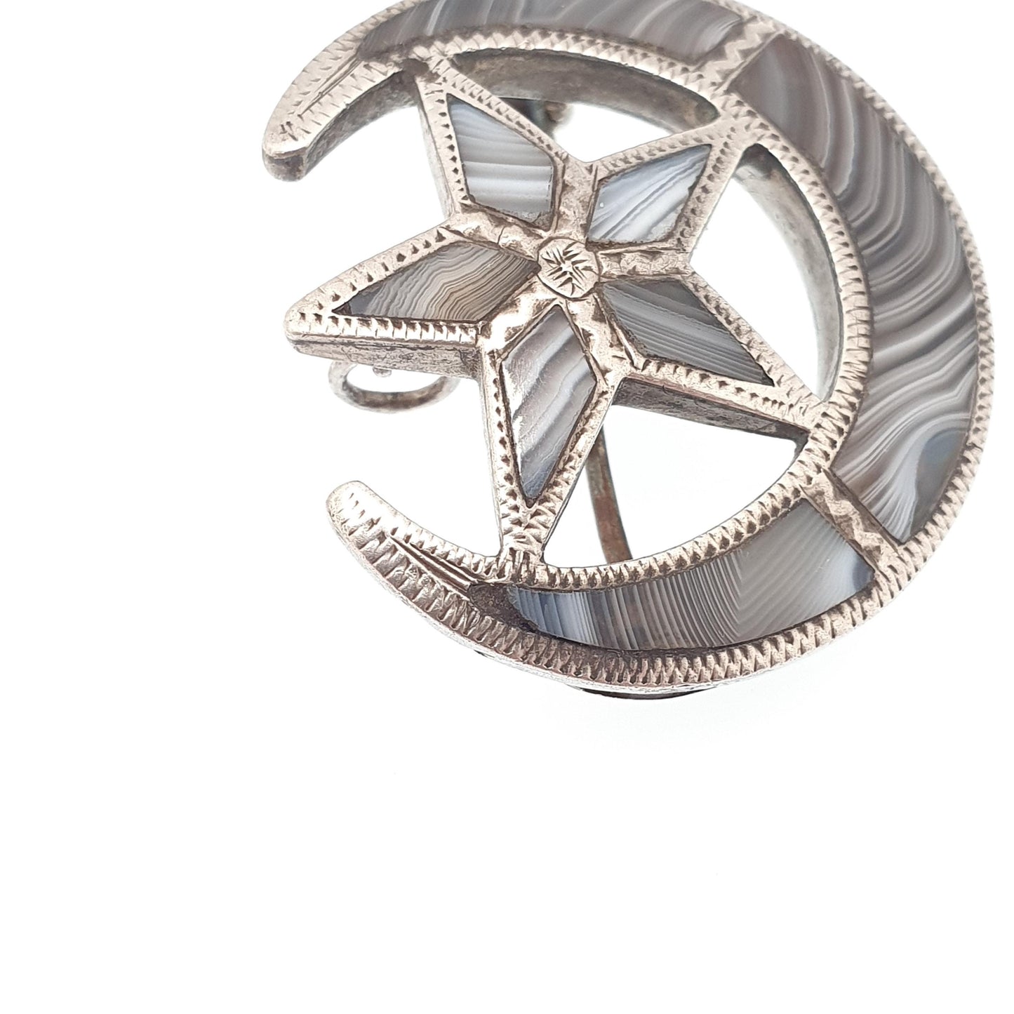 Antique Sterling Silver Star & Crescent Moon Brooch Montrose Blue Lace Agate Victorian Scottish Vintage