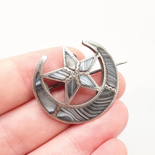 Antique Sterling Silver Star & Crescent Moon Brooch Montrose Blue Lace Agate Victorian Scottish Vintage