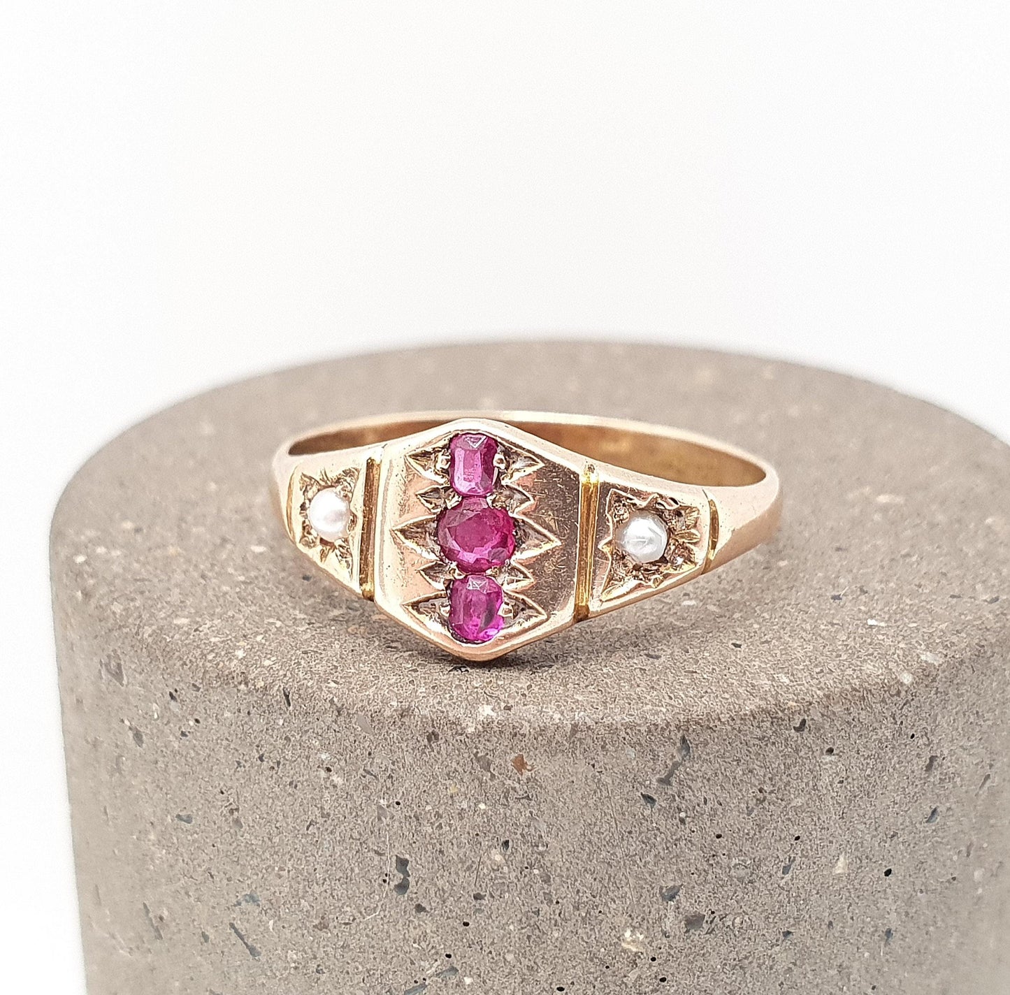 Antique 18ct Gold Natural Ruby & Pearl Ring Victorian Solid 14k Gold Shank Vintage Jewelry Jewellery