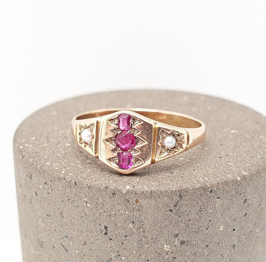 Antique 18ct Gold Natural Ruby & Pearl Ring Victorian Solid 14k Gold Shank Vintage Jewelry Jewellery